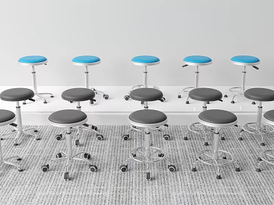 Wheeled Stools With Blue And Gray Seats Against White Wall On Gray Carpet 3d model