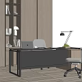 Modern Gray Office Desk With Laptop Office Chair Table Lamp And Wooden Bookshelf
