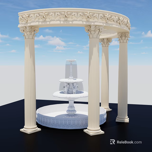 Classical White Stage With Columns Circular Base And Central Fountain 3d model