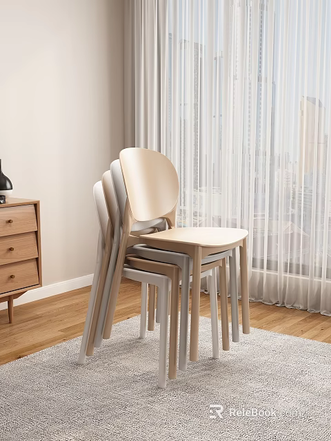 Light Colored Wooden Dining Chairs Stacked In Modern Indoor Room With Curtains 3d model 