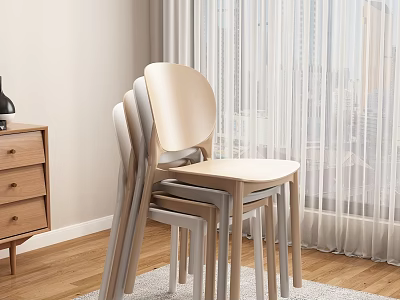 Light Colored Wooden Dining Chairs Stacked In Modern Indoor Room With Curtains 3d model