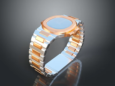 Luxury Stainless Steel Watch With Gold Silver Two Tone Strap And Round Blue Dial 3d model