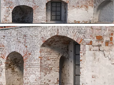 Historical Architectural Components With Weathered Brick Walls Arched Openings And Windows 3d model