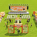 Outdoor Exhibition Event With Stage Orange Booths Seating Area And Crowd Activities