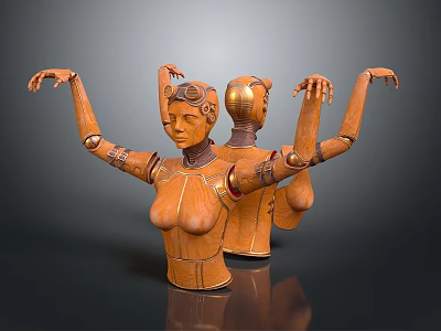 Wooden Robot Character With Mechanical Arms And Vintage Torso Design 3d model