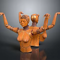 Wooden Robot Character With Mechanical Arms And Vintage Torso Design