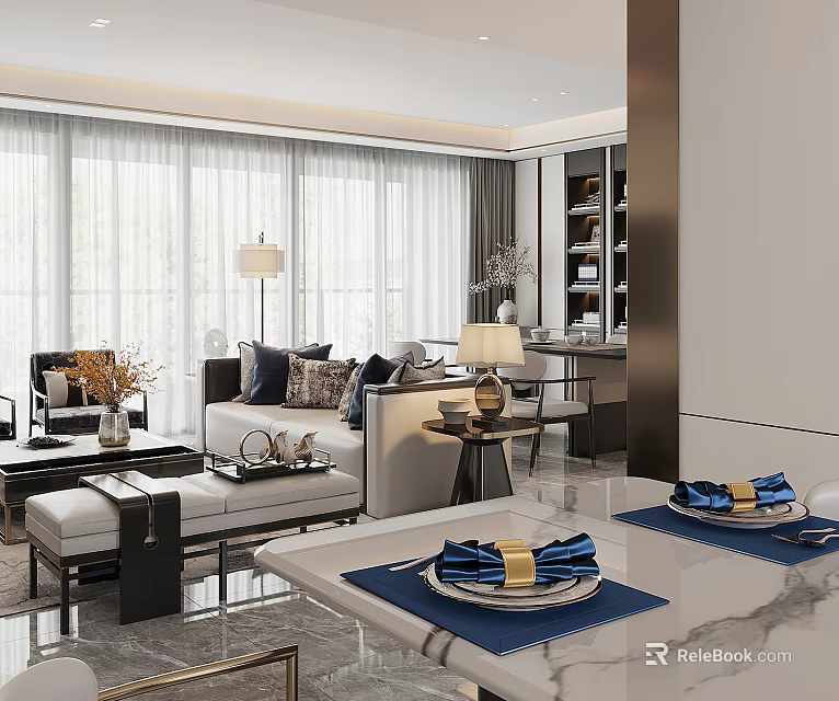 Modern Living and Dining Room Interior Featuring Sofa Coffee Table And Marble Dining Table 3d model 