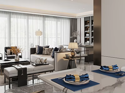 Modern Living and Dining Room Interior Featuring Sofa Coffee Table And Marble Dining Table 3d model