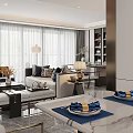 Modern Living and Dining Room Interior Featuring Sofa Coffee Table And Marble Dining Table