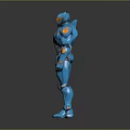 Blue Mech Warrior Robot With Orange Accents And Mechanical Armor Design