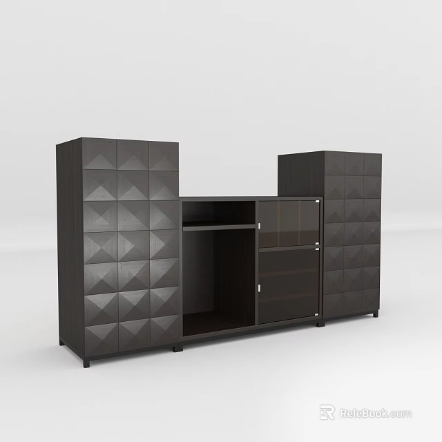 Modern Decorative Cabinet With Geometric Design Open Shelves And Glass Doors 3d model 