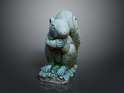 Gray Squirrel Statue Holding Food With Front Paws On Mossy Stone Base For Garden Decoration 3d model