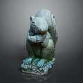 Gray Squirrel Statue Holding Food With Front Paws On Mossy Stone Base For Garden Decoration