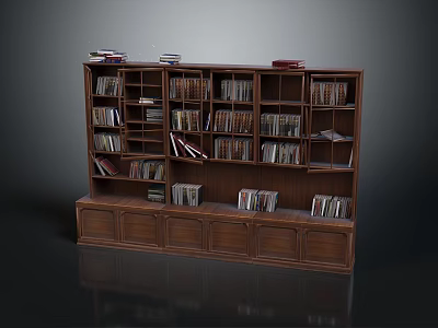 Dark Colored Wooden Bookshelf With Multiple Shelves Filled With Books And Bottom Storage 3d model