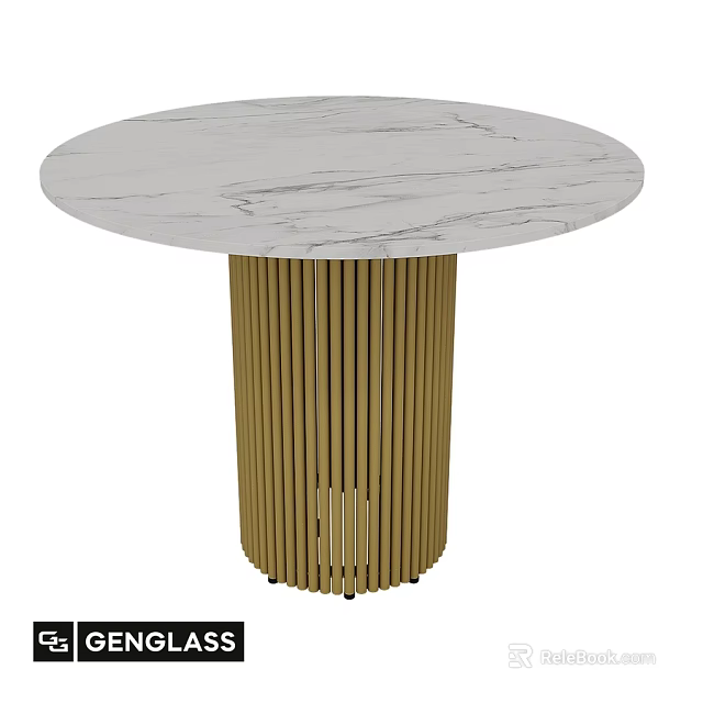 Round Modern Dining Table With White Marble Top And Golden Striped Legs 3d model 