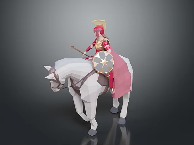 Low Poly Warrior on White Horse with Red Gold Attire Helmet and Star Shield 3d model