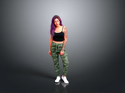 Woman With Purple Hair Black Tank Top Camouflage Pants Arm Tattoos And White Shoes Standing 3d model