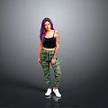 Woman With Purple Hair Black Tank Top Camouflage Pants Arm Tattoos And White Shoes Standing