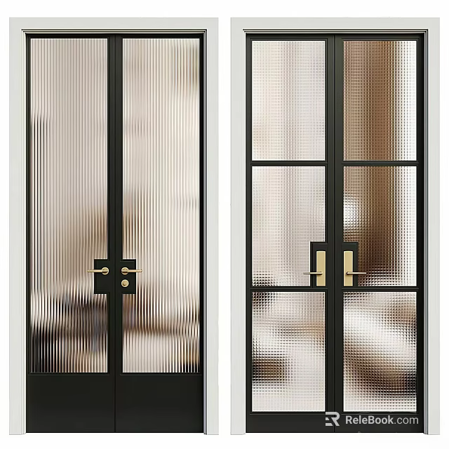 Modern Black Framed Glass Doors With Golden Handles And Ribbed Glass Panels 3d model 