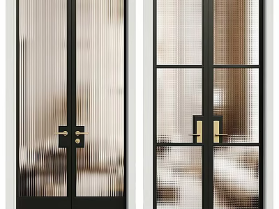 Modern Black Framed Glass Doors With Golden Handles And Ribbed Glass Panels 3d model