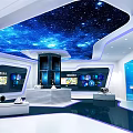 Modern Exhibition Hall Interior With Starry Sky Ceiling Display Cabinets And Screens