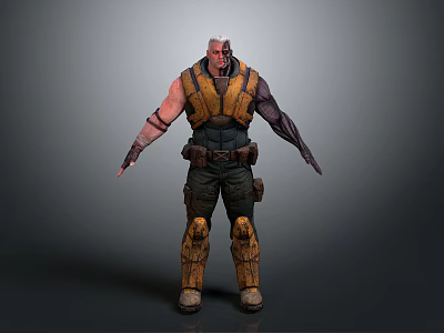 Muscular Bald Male Character With Yellow Vest Dark Pants And Knee Pads 3d model