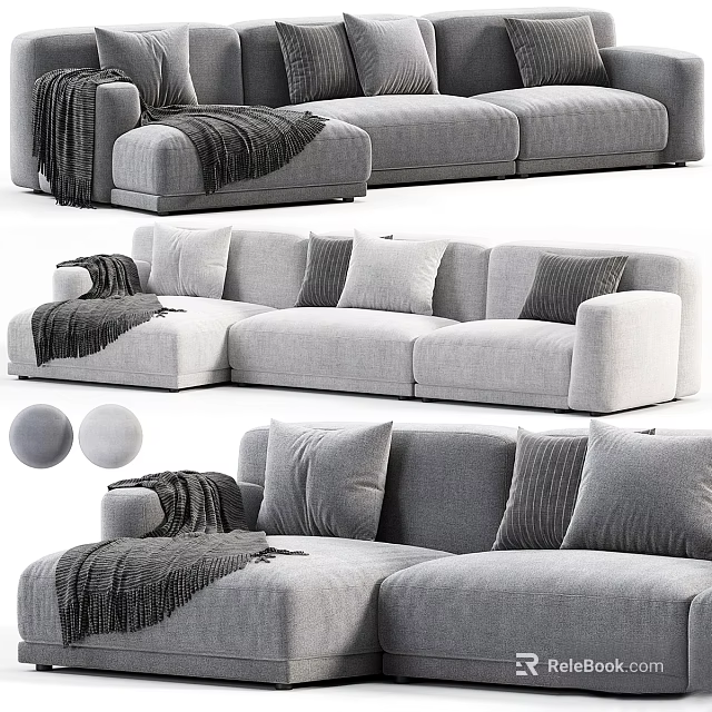 Modern Gray Double Sofa With Soft Cushions And Cozy Throw Blanket 3d model 