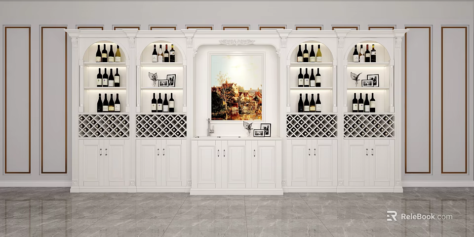 Elegant White Wine Cabinet Featuring Multiple Wine Racks and Decorative Painting 3d model 