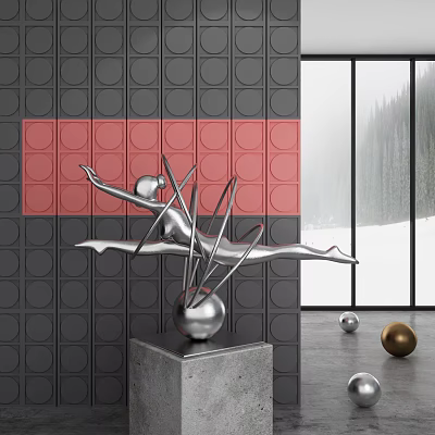 Silver Dancer Sculpture With Metal Wires On Concrete Base Red Black Wall And Snowy View 3d model