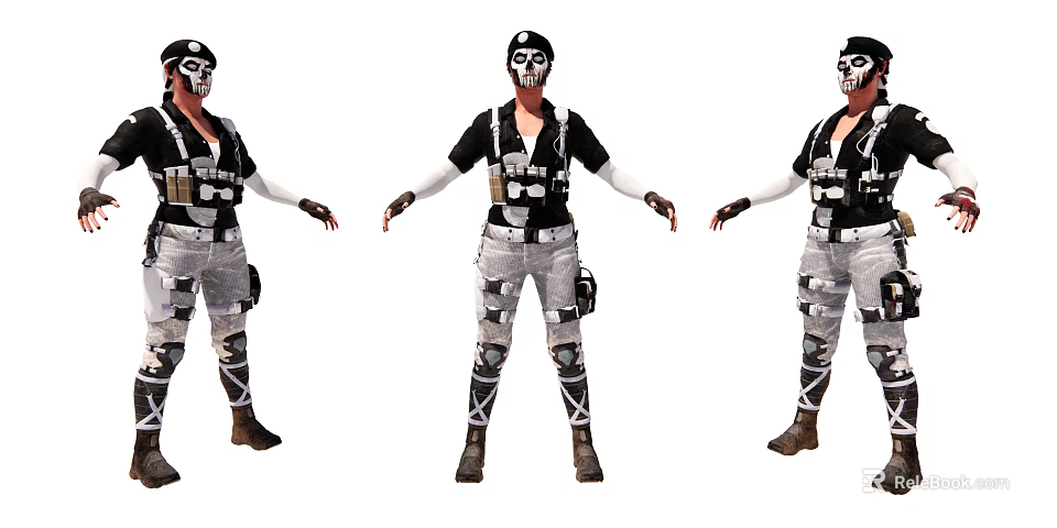 Tactical Game Movie Character With Black Top Gray Pants And White Mask 3d model 