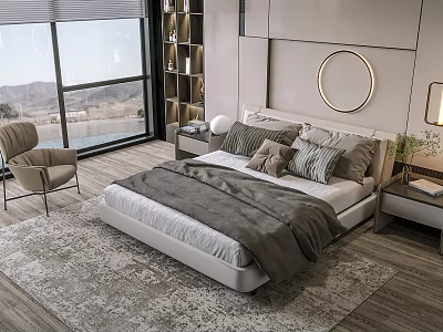 Modern Bedroom Double Bed With Large Window Mountain View Nightstand Chair And Rug 3d model