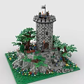 Creative Building Blocks Castle Tower With Trees Rocks And Flag 3d model