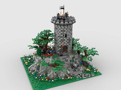 Creative Building Blocks Castle Tower With Trees Rocks And Flag 3d model