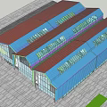 Modern Commercial Complex With Glass Facade Colorful Rooftops Trees And Open Plaza