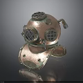 Vintage Copper Diving Helmet Featuring Circular Viewing Windows And Metal Pipes