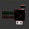 Black Industrial Equipment With Top Sensor And Two Red Cylindrical Parts On Metal Stand