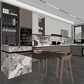 Modern Kitchen Interior With Marble Island Dark Cabinets Bar Stools And Appliances