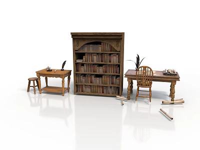 Library Interior Featuring Large Bookshelf Filled With Books Two Desks Feather Pen And Wooden Chair 3d model