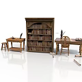Library Interior Featuring Large Bookshelf Filled With Books Two Desks Feather Pen And Wooden Chair