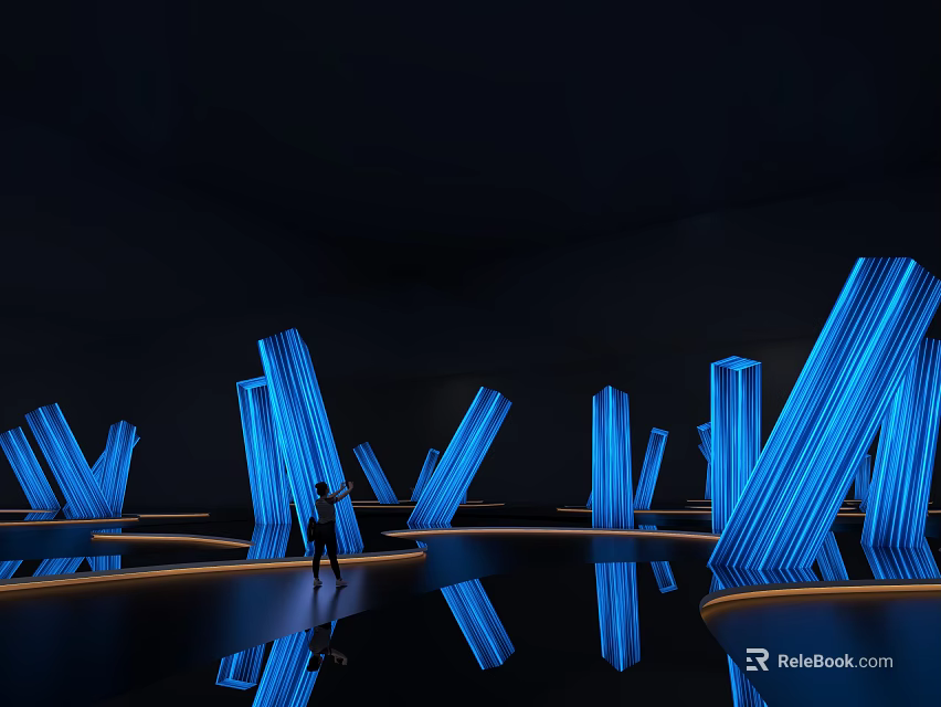 Blue Glowing V Shaped Art Installation In Dark Environment With Reflective Floor And Human Figure 3d model 