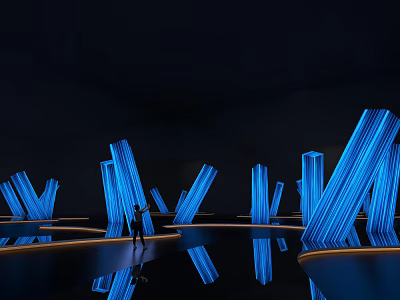 Blue Glowing V Shaped Art Installation In Dark Environment With Reflective Floor And Human Figure 3d model