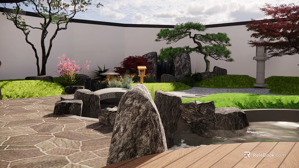 Traditional Japanese Zen Garden With Stone Elements Pine Tree Lantern Pathway And Water Feature 3d model 