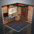 Underground Chamber With Brick Walls Map Laptop Metal Door Red Valve Grid Floor