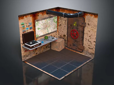 Underground Chamber With Brick Walls Map Laptop Metal Door Red Valve Grid Floor 3d model