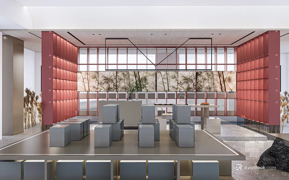 Modern Boutique Store Interior With Red Walls Display Counters And Seating Areas 3d model 