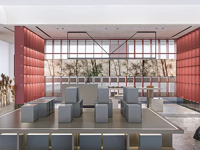 Modern Boutique Store Interior With Red Walls Display Counters And Seating Areas 3d model