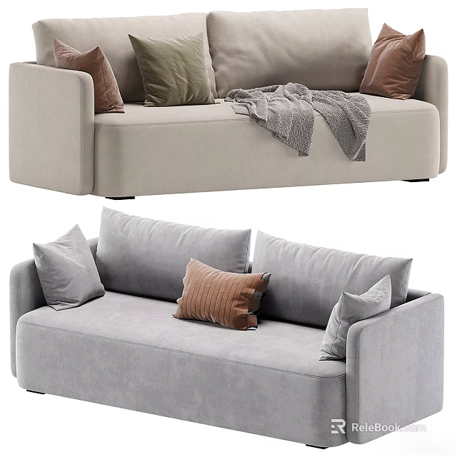 Comfortable Light Gray Multi-seat Sofa with Decorative Pillows and Throw Blanket 3d model