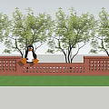 Red Brick Feature Wall With Lattice Design Carved Patterns And Trees 3d model