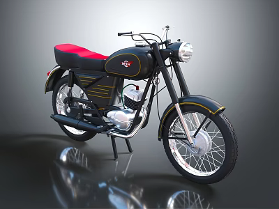 Vintage Black Motorcycle With Red Seat Gold Accents Round Headlight And White Rims 3d model