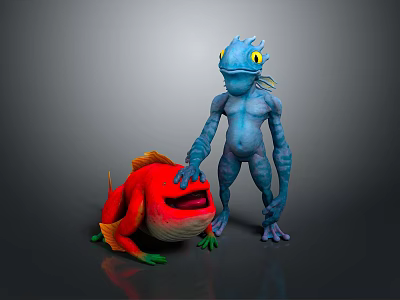 Blue Humanoid Creature Standing Next To Red Fish With Orange Fins And Green Feet 3d model